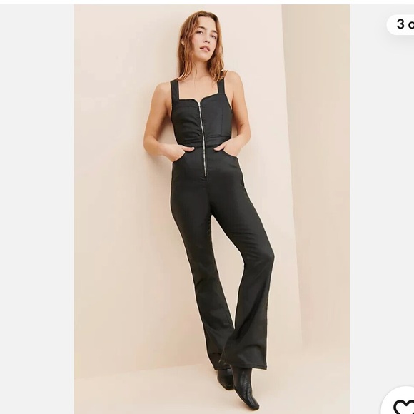 NEW Free People CRVY 2nd Ave Bootcut Coated Overall Jumpsuit Black - Picture 1 of 4